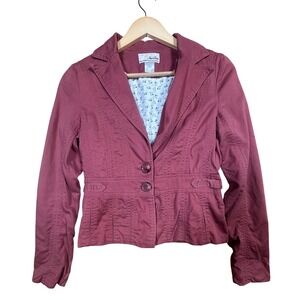 Hailee Womens Small Burgundy Red Button Front Blazer Jacket Floral Lining